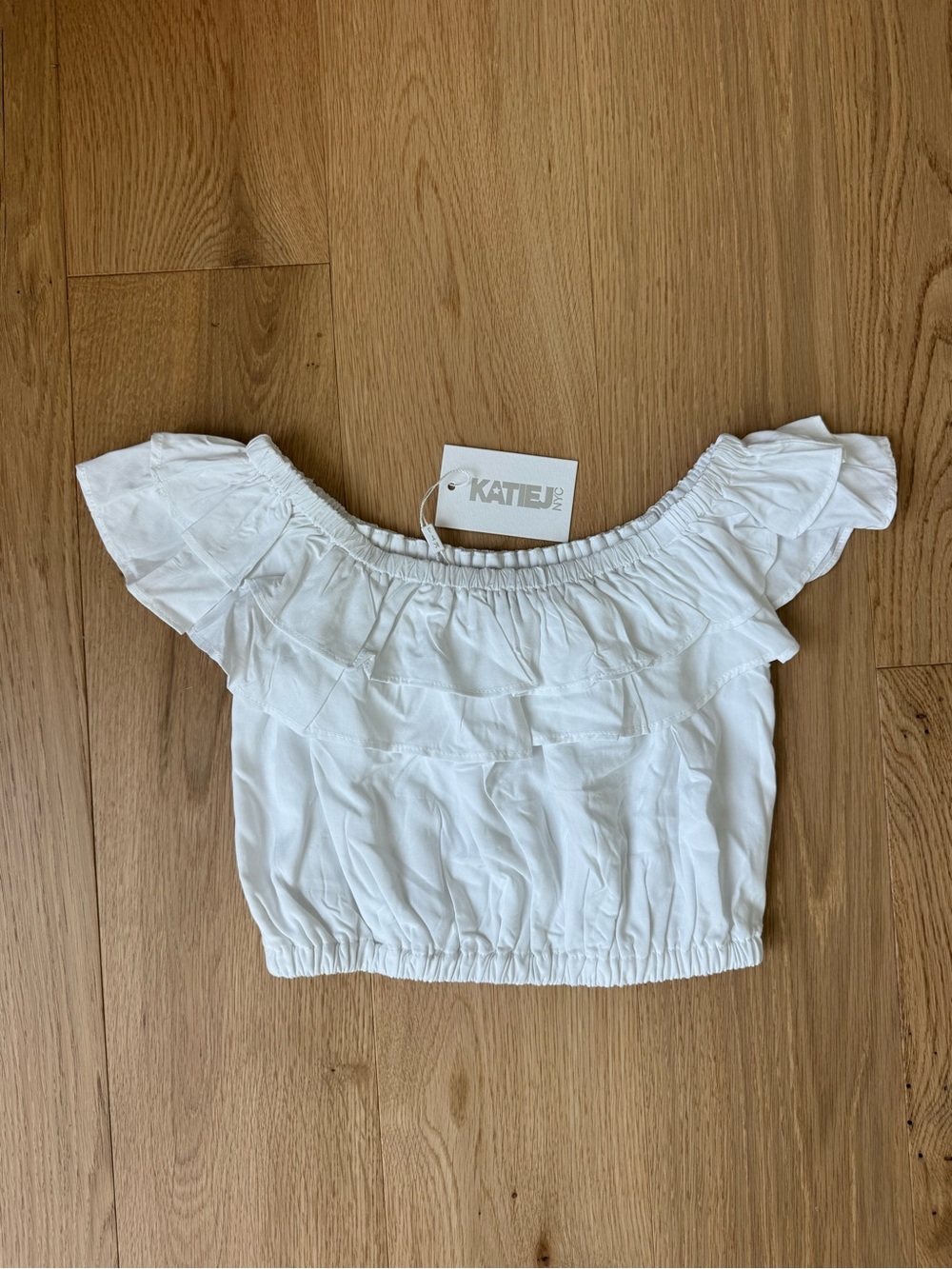Katie J NYC White Elastic Waist Ruffle Top